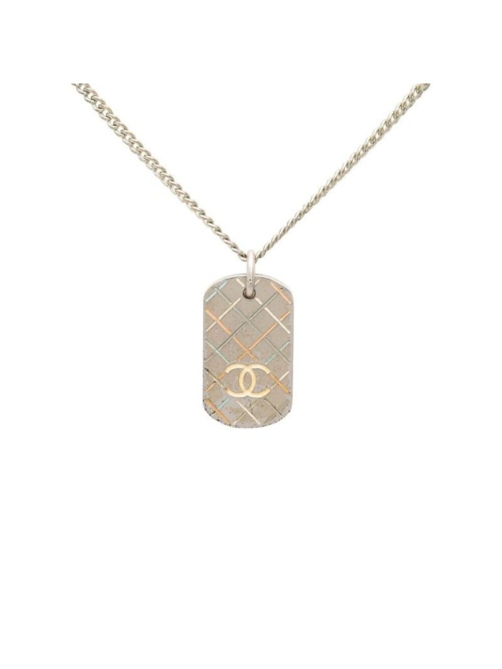 Chanel CC Logo Dog Tag Chain Pendant Silver Multicolor Metal